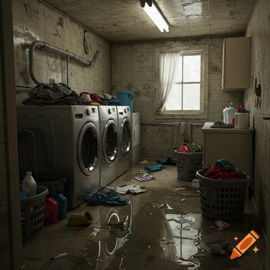 A dirty and flooded laundry room with washing machines, laundry baskets, and detergent bottles, photorealistic.