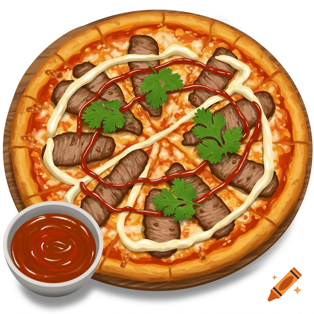A pizza topped with grilled pork, chili sauce, mayonnaise, and cilantro, with a bowl of sauce.