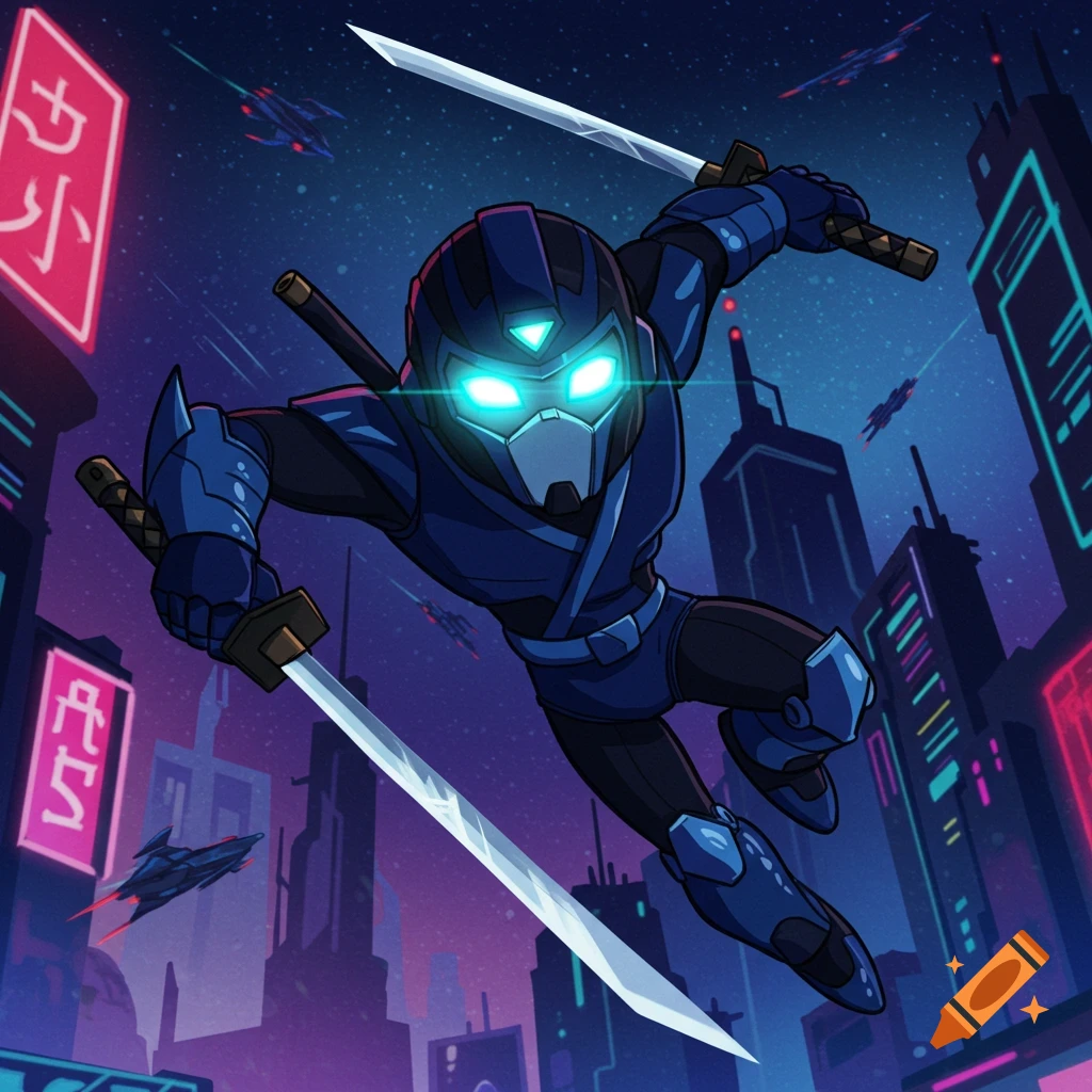A cartoon robot ninja with two swords leaps through a cyberpunk city at night.