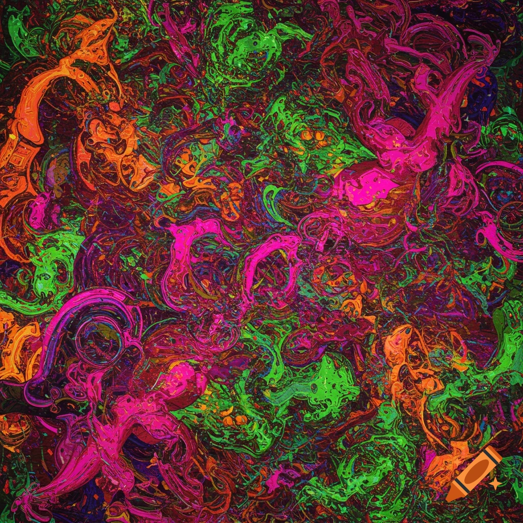 Chaotic abstract pattern with vibrant swirls of neon green, pink, orange, and purple.