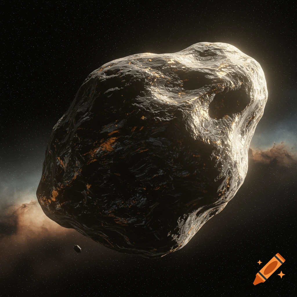 A large, detailed asteroid floats in space with a smaller one nearby.