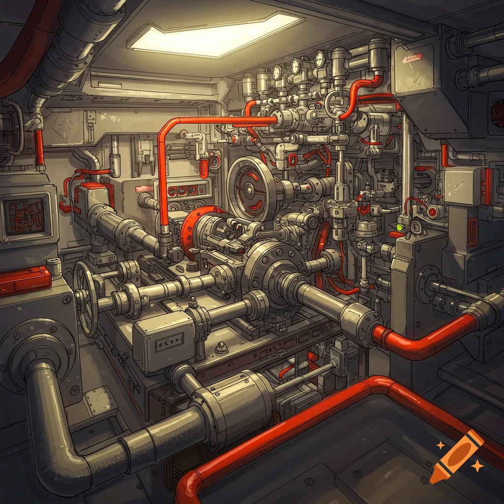 A detailed depiction of complex industrial machinery with pipes, gauges, and various mechanical components.