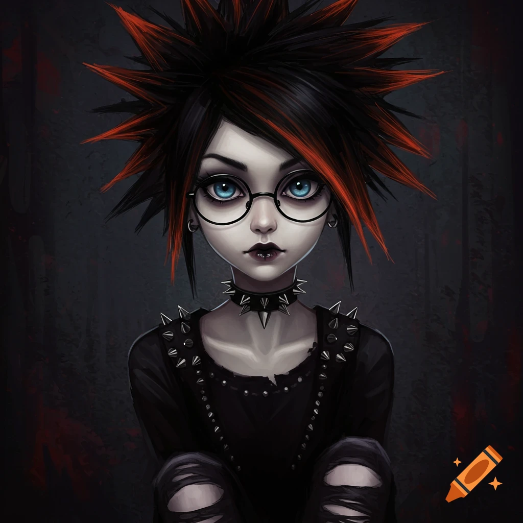 A goth girl with black and orange hair, wearing glasses and spiked accessories.