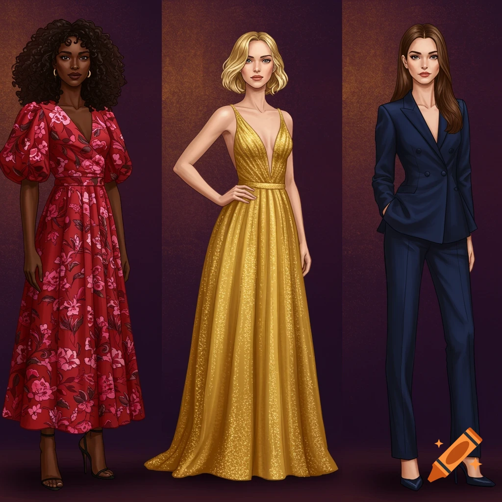 Three women: one in a red floral dress, one in a gold gown, one in a navy pantsuit.
