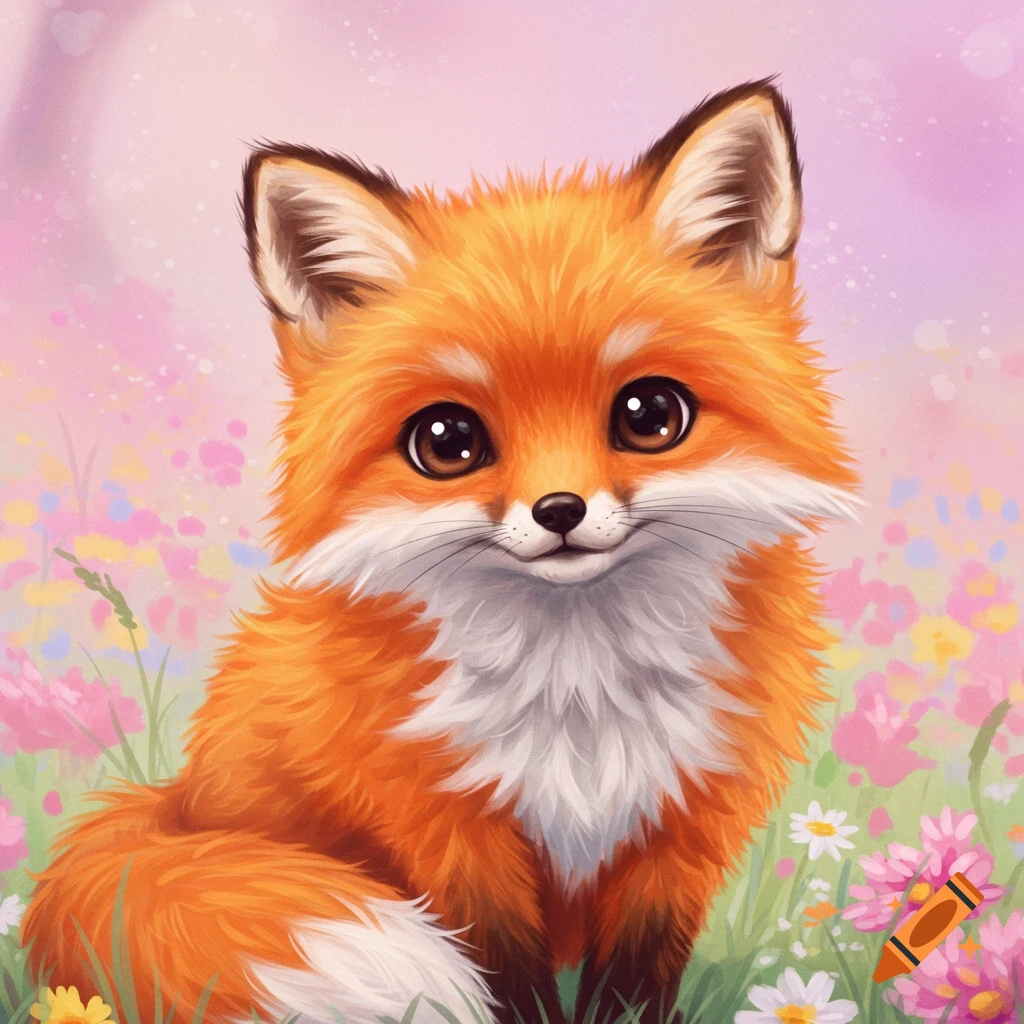 A cute cartoon-style fox with big eyes sits in a field of colorful flowers.