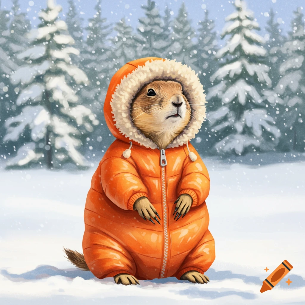A prairie dog in an orange snowsuit sits in the snow in a forest.