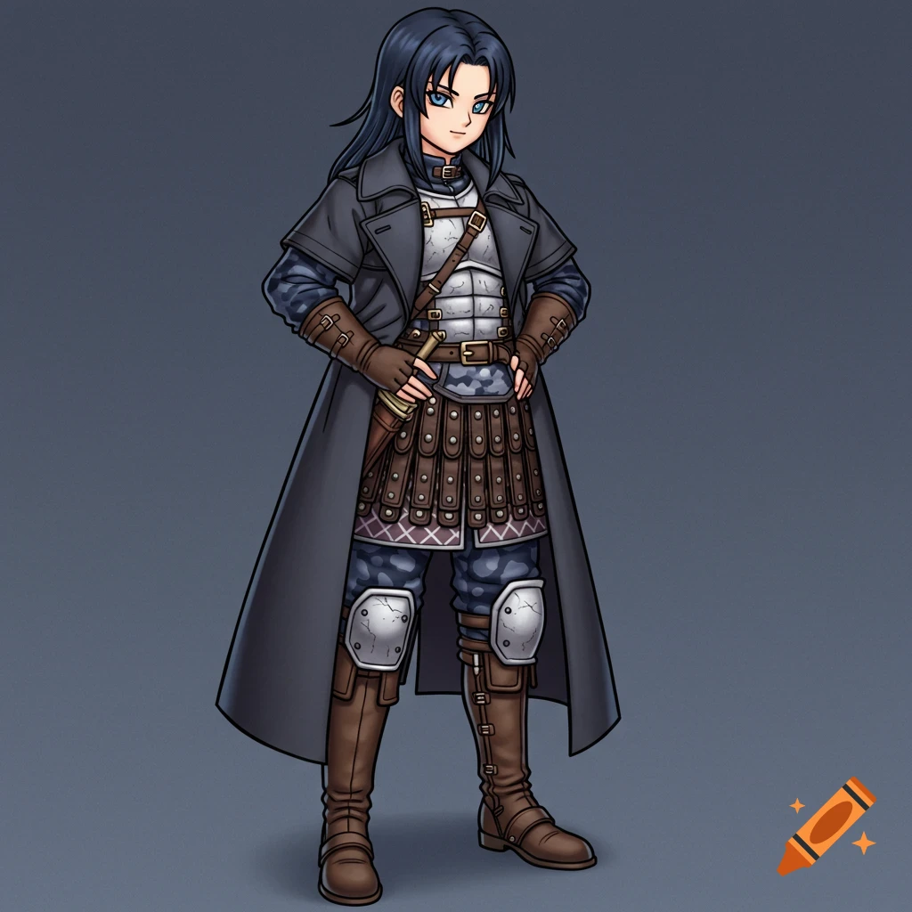 Illustration of a young woman in fantasy armor and trench coat in the Dragon Quest art style.