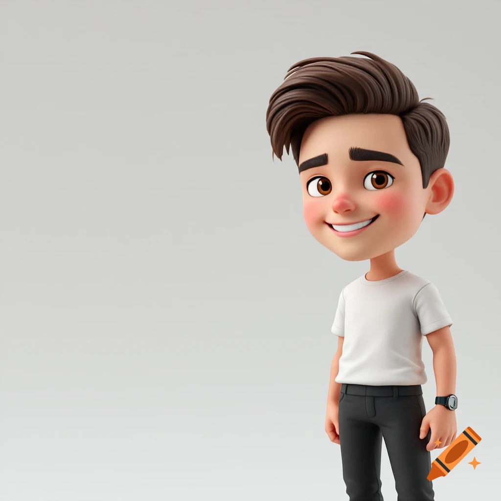 A 3D cartoon-style boy with brown hair, white t-shirt, and black pants smiles at the camera.