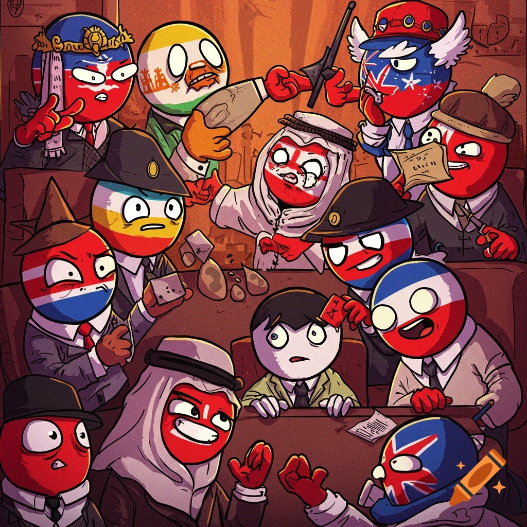 Cartoon characters with country flags on faces sit around a table.
