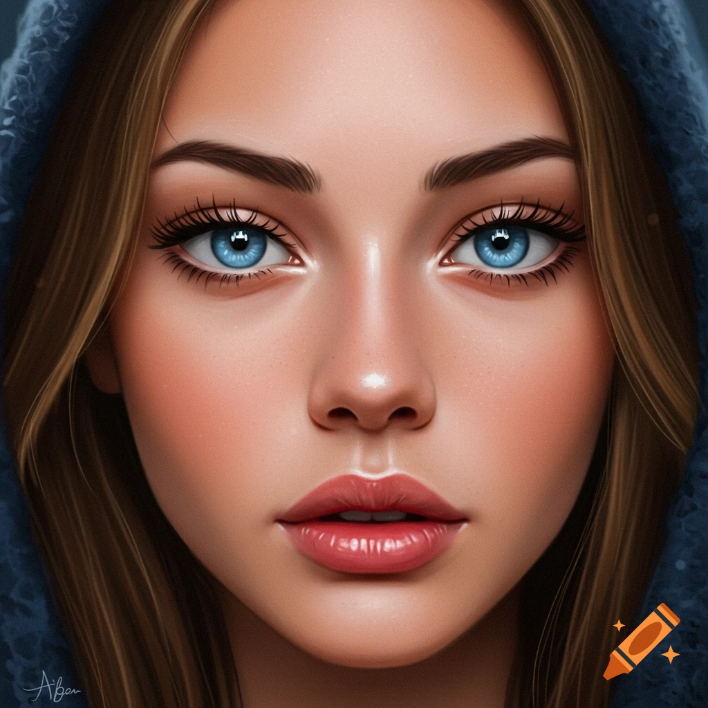 Close-up of a young woman's face with striking blue eyes.
