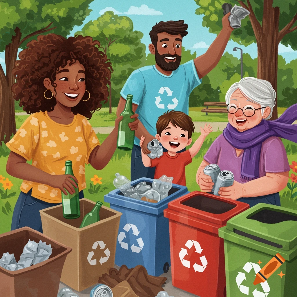 Diverse family recycling together in a park.