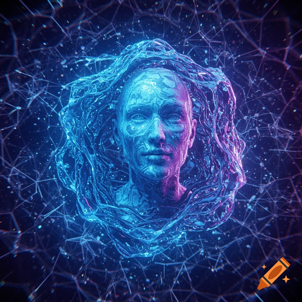 A digital human head surrounded by glowing blue network and abstract shapes.