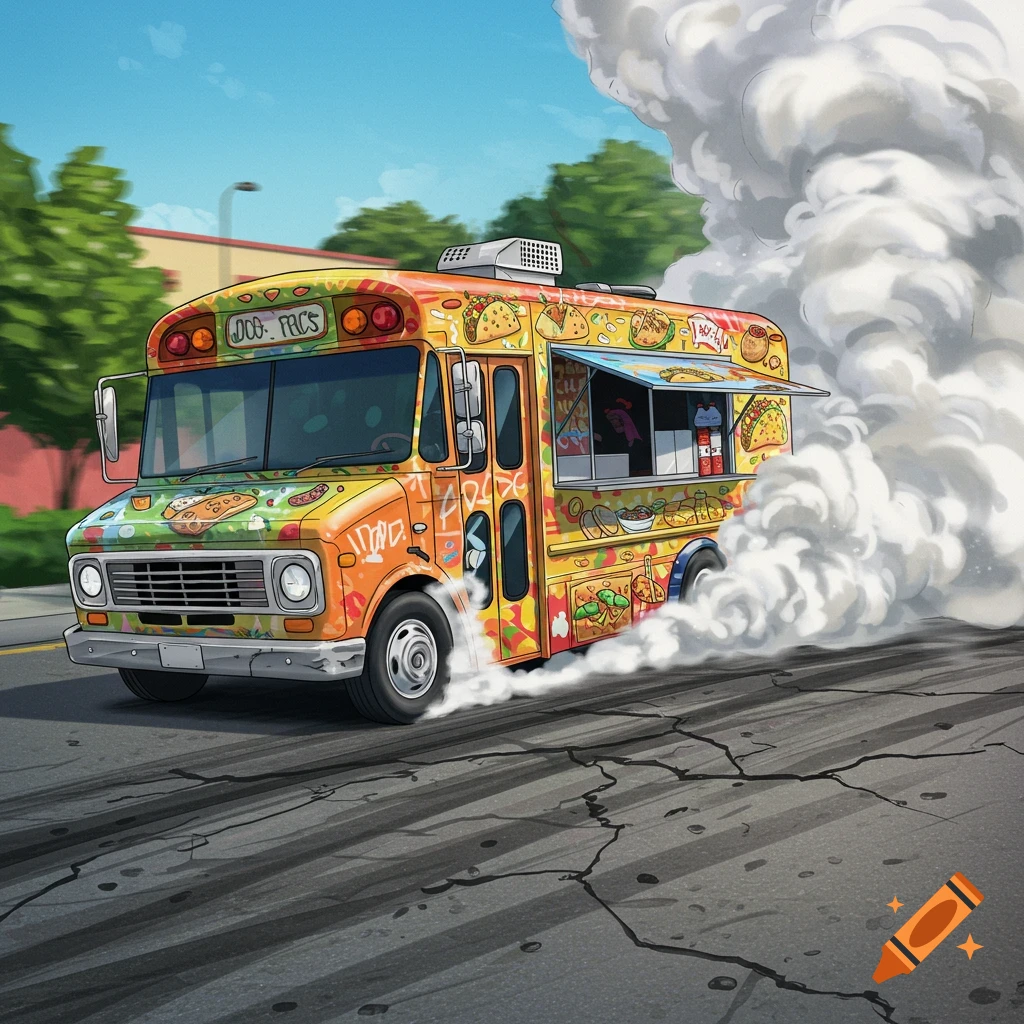 An illustration of a colorful taco bus doing a burnout on a street.