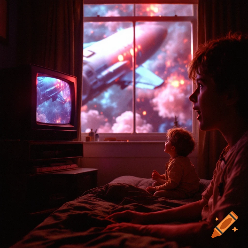 Child and adult watch a space rocket on TV in a dark room.