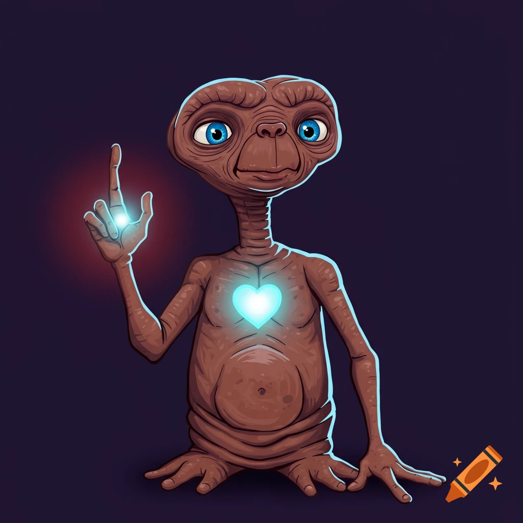 Cartoon E.T. with glowing heart and fingertip