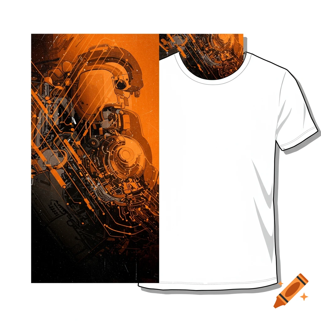 Abstract orange and black technological design on a white t-shirt mock-up
