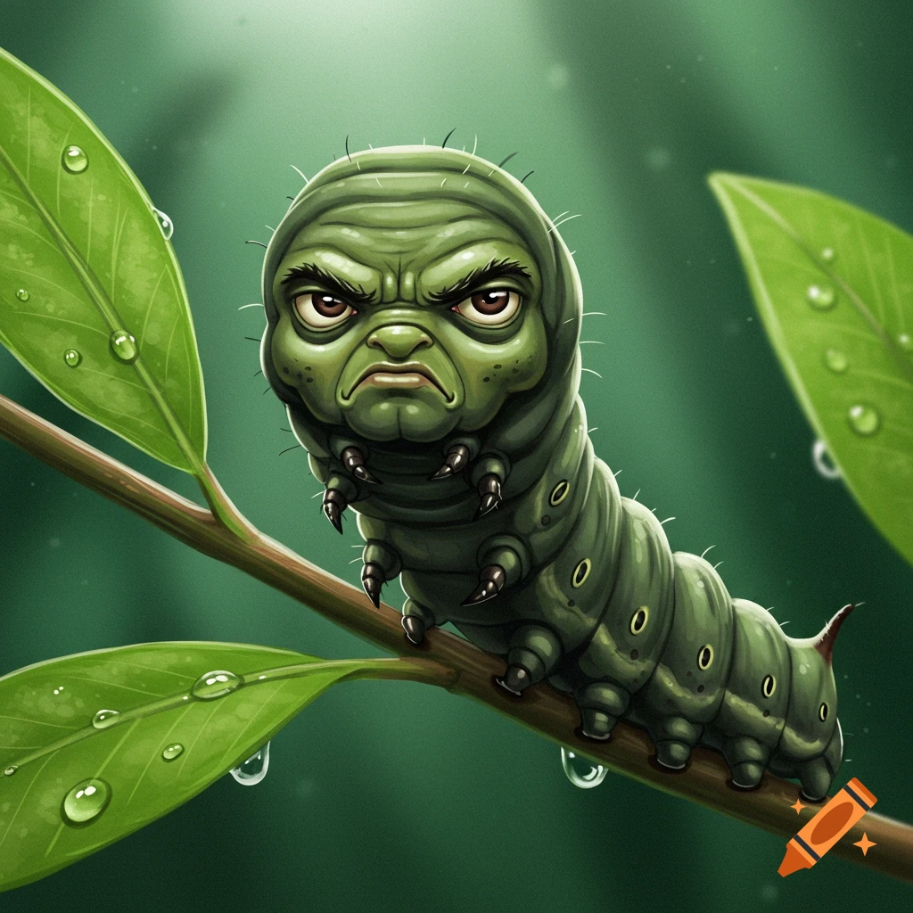 A grumpy green caterpillar on a branch with water droplets.