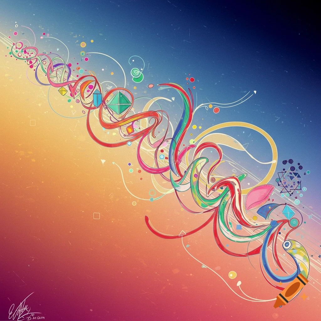 Colorful abstract image with swirling ribbons and geometric shapes on a gradient background.