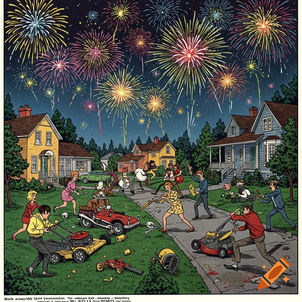 Illustration of a suburban neighborhood at night with fireworks overhead and people fighting with lawnmowers and bats in the street and yards.
