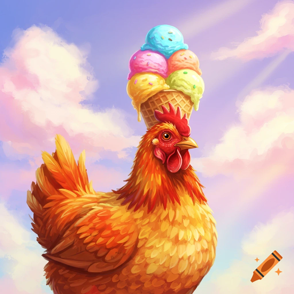 A chicken balancing a stack of colorful ice cream scoops on its head against a pastel sky.