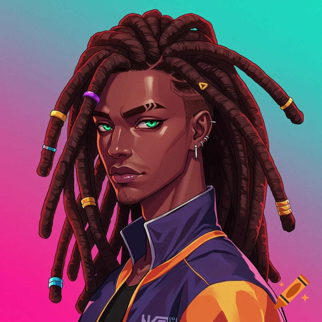Anime portrait of a person with dreadlocks, green eyes, and a purple and orange jacket.