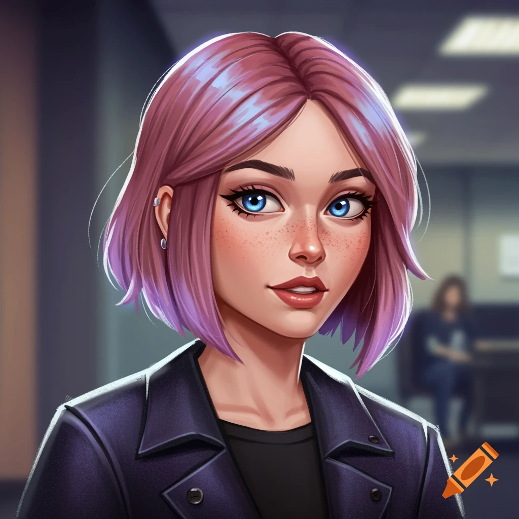 Portrait of a woman with pink hair and blue eyes wearing a black jacket in an office.