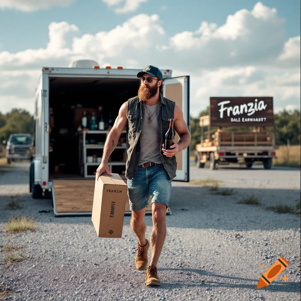 Bearded man in jean shorts walks from trailer in gravel lot holding wine box and bottle. Sign says Franzia.