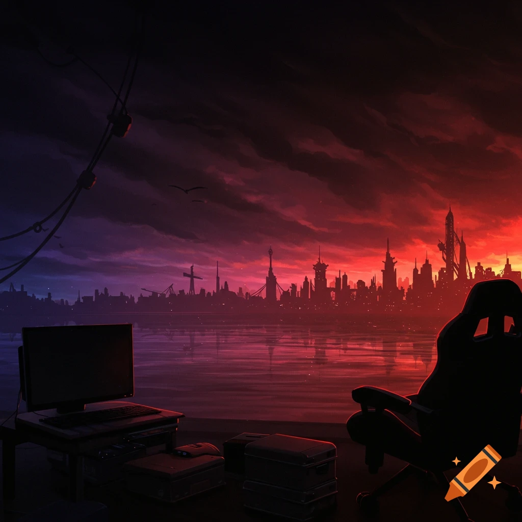 A futuristic city skyline at sunset reflecting in water, with a computer and gaming chair in the foreground.