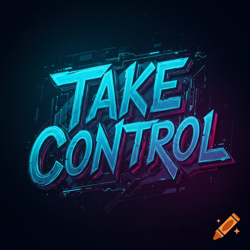 Cyberpunk style digital text reading "TAKE CONTROL" in glowing blue and pink.