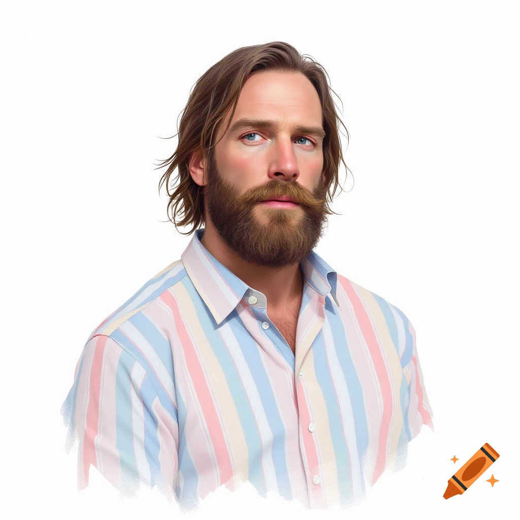 A man with a beard wearing a pastel striped shirt.