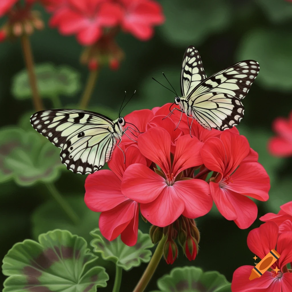 Two black and white Paper Kite butterflies on red geranium flowers.