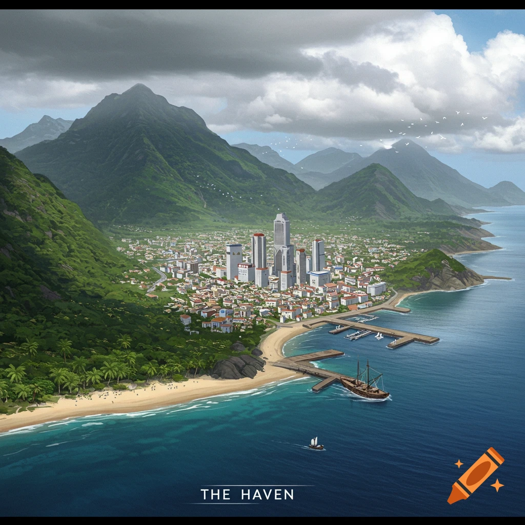 A coastal city nestled between lush green mountains and the ocean, with docks, boats, and beaches.