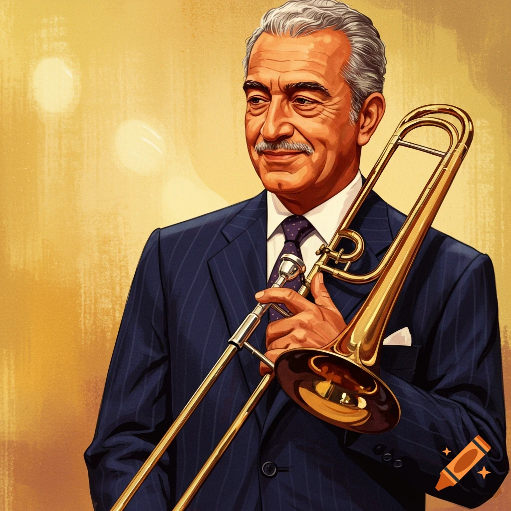 A man in a suit holding a trombone.