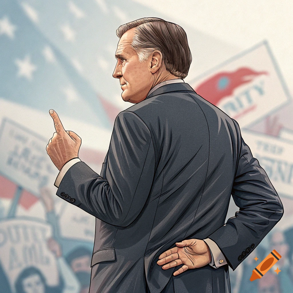 Illustrated image of a politician in a suit, pointing with one hand and crossing fingers behind his back, with blurred signs and crowd in the background.