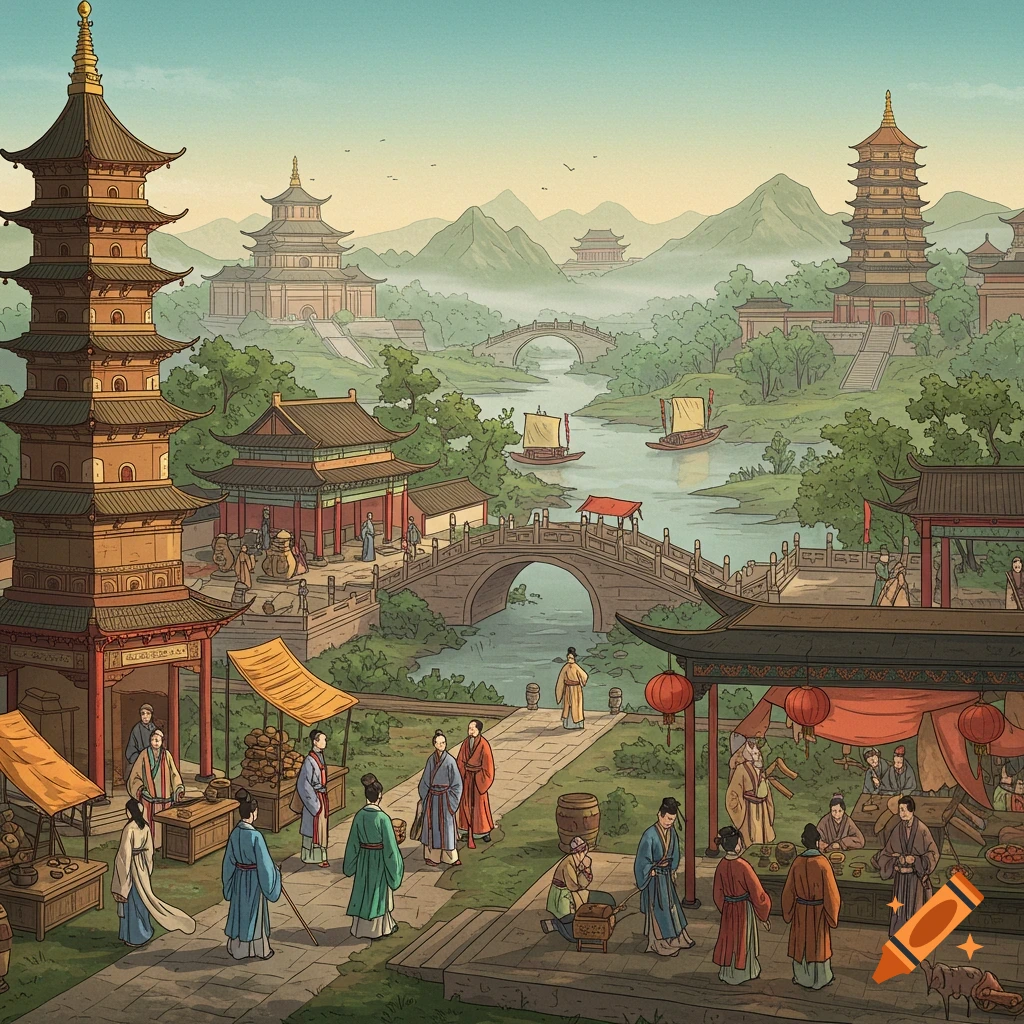 A bustling ancient Chinese town with pagodas, river, boats, bridges, market stalls, and people.