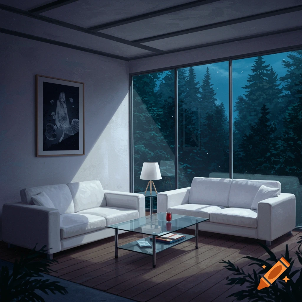 A white lounge with two couches and a glass table, looking out large windows at a forest at night.