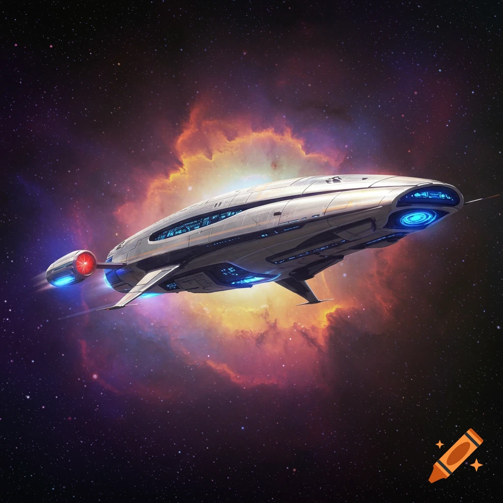 Futuristic spacecraft flies through space with a colorful nebula behind it.