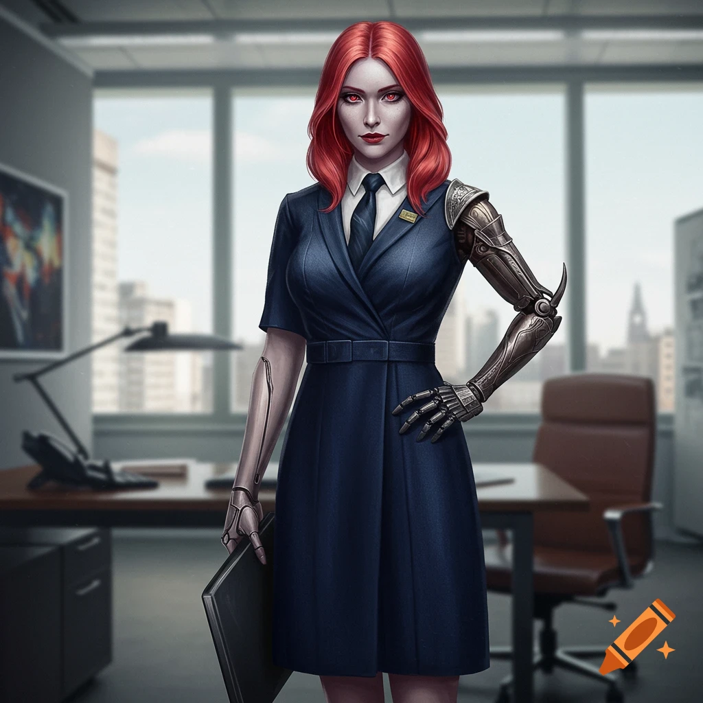 A woman with bright red hair and cybernetic arms stands in an office, wearing a navy blue dress, shirt, and tie.