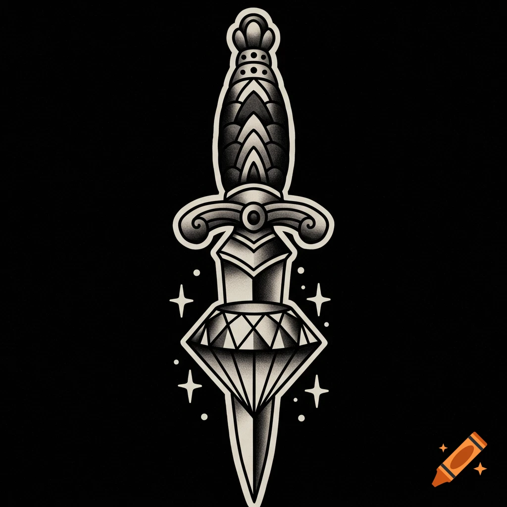 A traditional tattoo illustration of a dagger piercing a diamond.