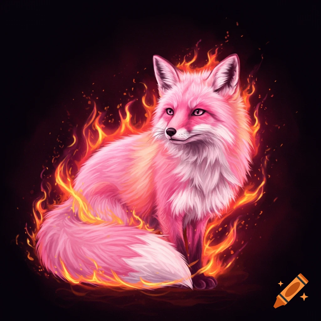A pink fox sitting surrounded by bright orange flames on a dark background.