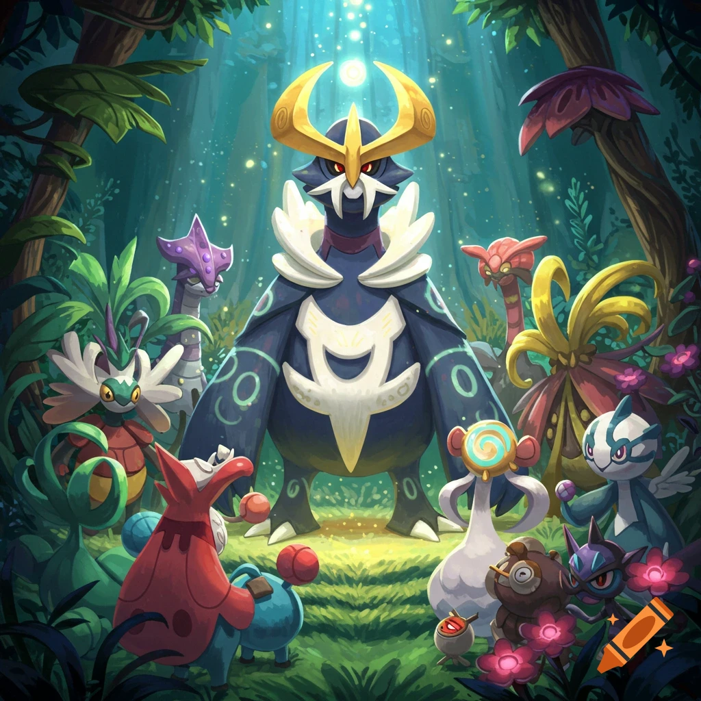 Stylized creature characters, including a large regal one, gathered in a glowing forest.