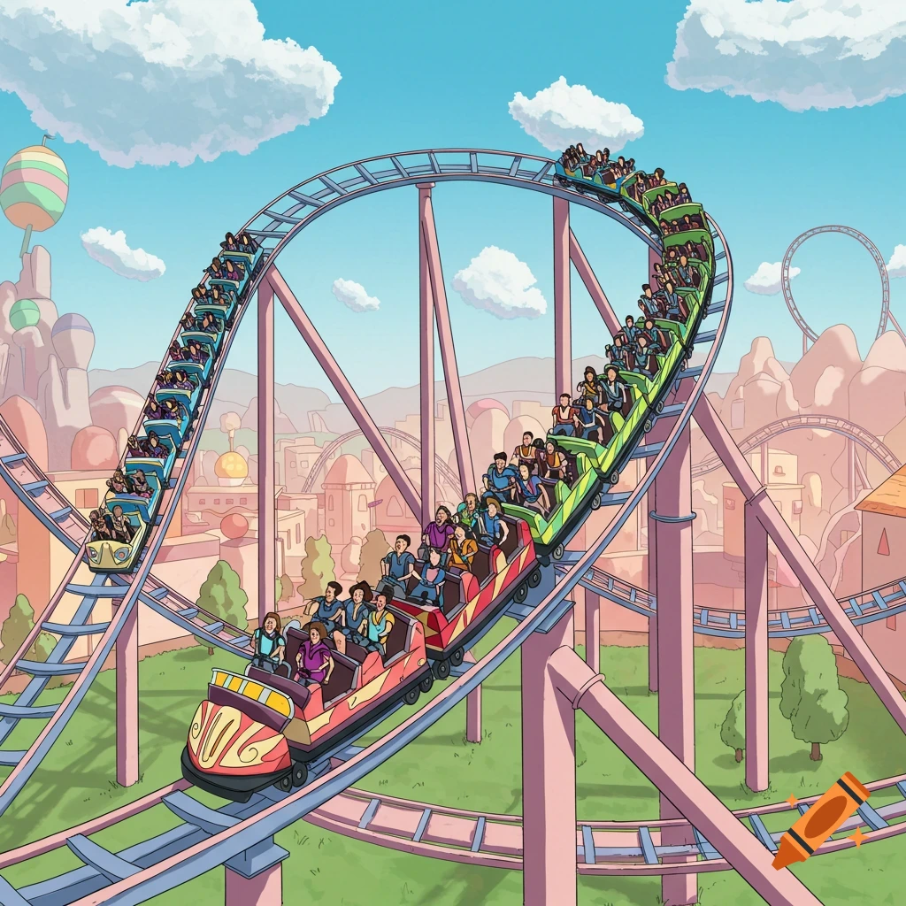 A cartoon illustration of multiple roller coaster trains full of people on a complex track in an amusement park.