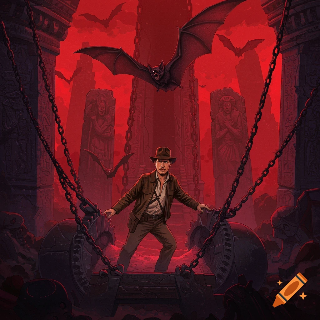 An adventurer stands in a red temple, surrounded by bats and chains.