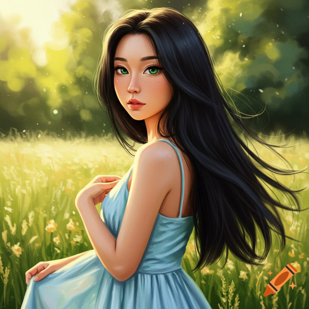 A young woman with black hair and green eyes stands in a field.