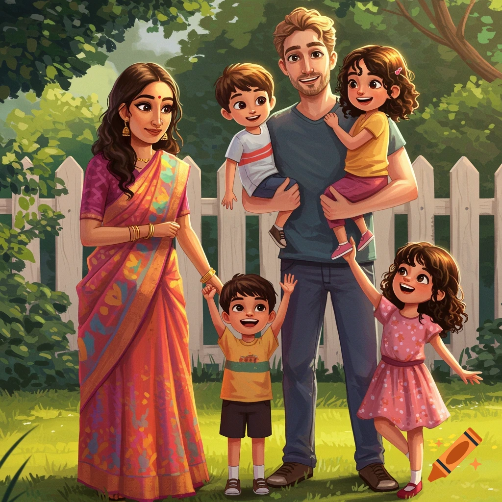 A diverse family, including a South Asian mother and Caucasian father, with three children posing in a backyard.