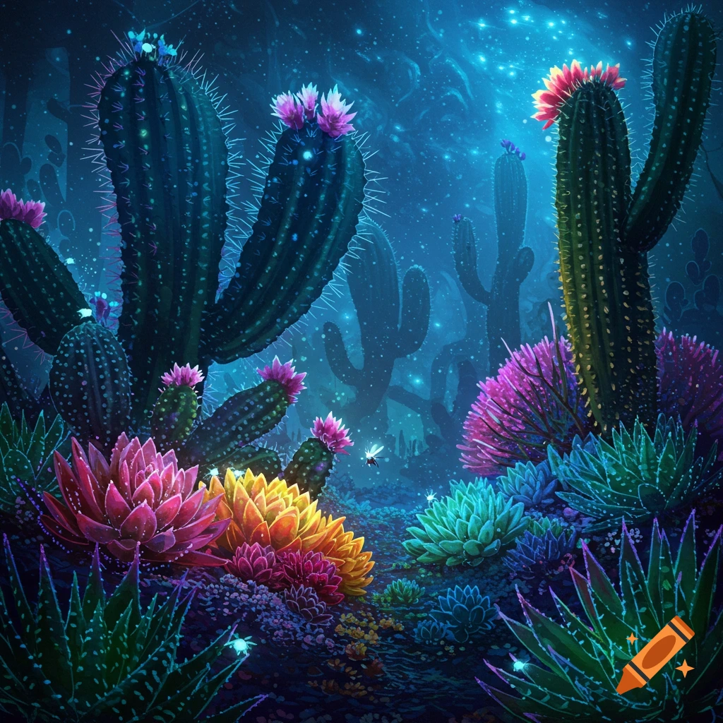 Colorful cacti and succulents in a glowing, starry desert landscape.
