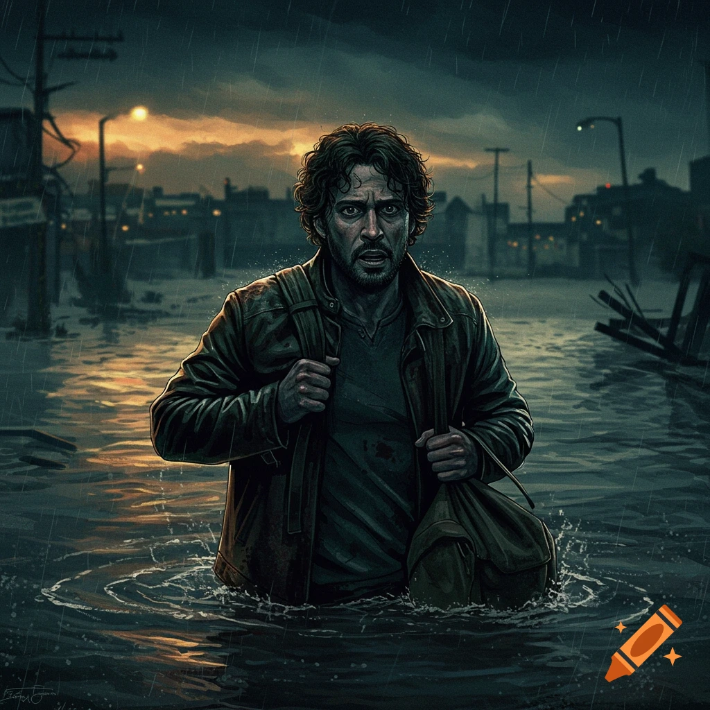 A man wading through floodwaters during a storm.