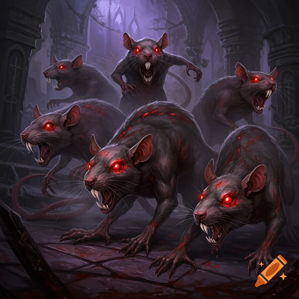Five aggressive demon rats with glowing red eyes in a dark, gothic setting.