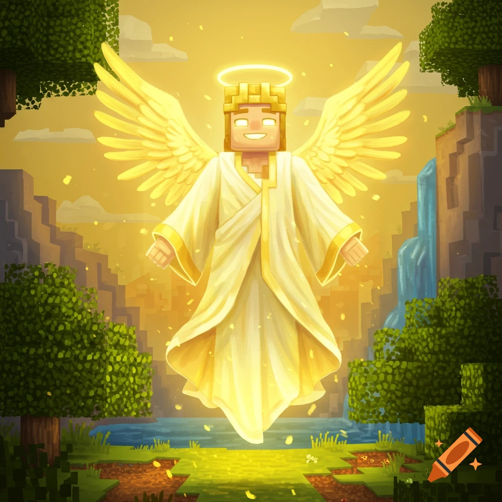 An angelic Minecraft character with wings and halo stands in a blocky landscape with trees, mountains, and a waterfall.