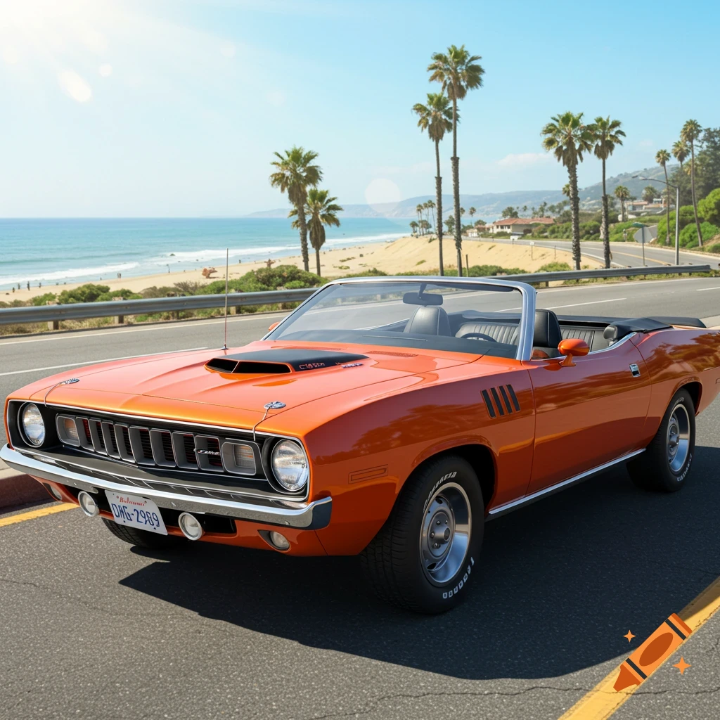 Orange 1970 Plymouth Cuda convertible on a sunny coastal road with a beach and palm trees.